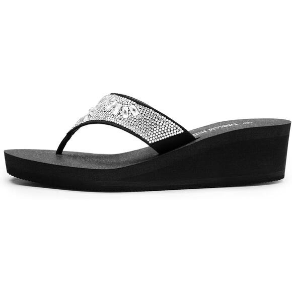 Dream Pairs Womens Size 7 Black Silver Rhinestone Platform Flip Flop Sandals - Picture 2 of 7